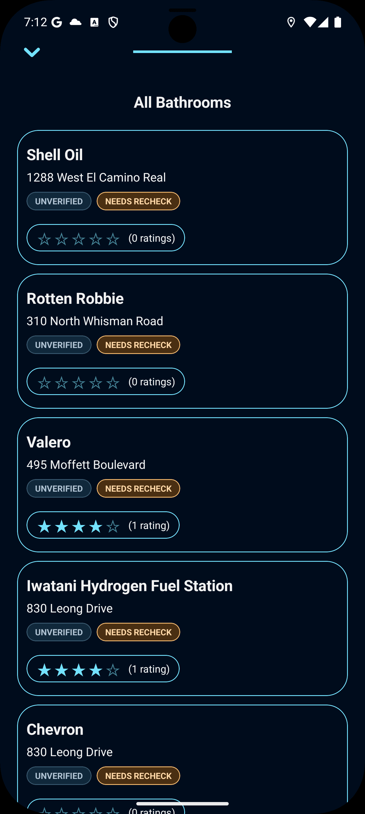 Bathroom Buddy nearby bathroom results screen